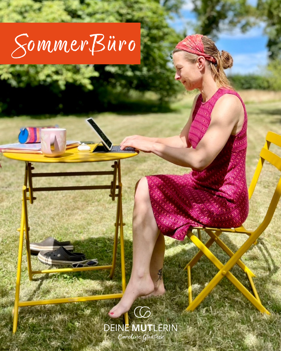 Sommerbüro im Garten auf der Ferme du Courage in Nordfrankreich
